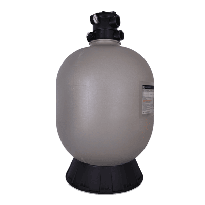 Large gray pool filter tank with pipe connections, offered by pool supplies Long Island and Queens, NY.