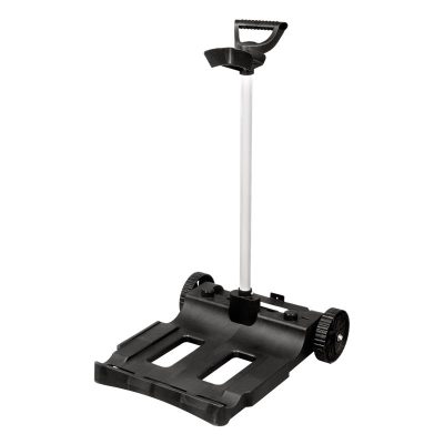 A black and silver folding luggage cart with two wheels and a telescopic handle is pictured upright.