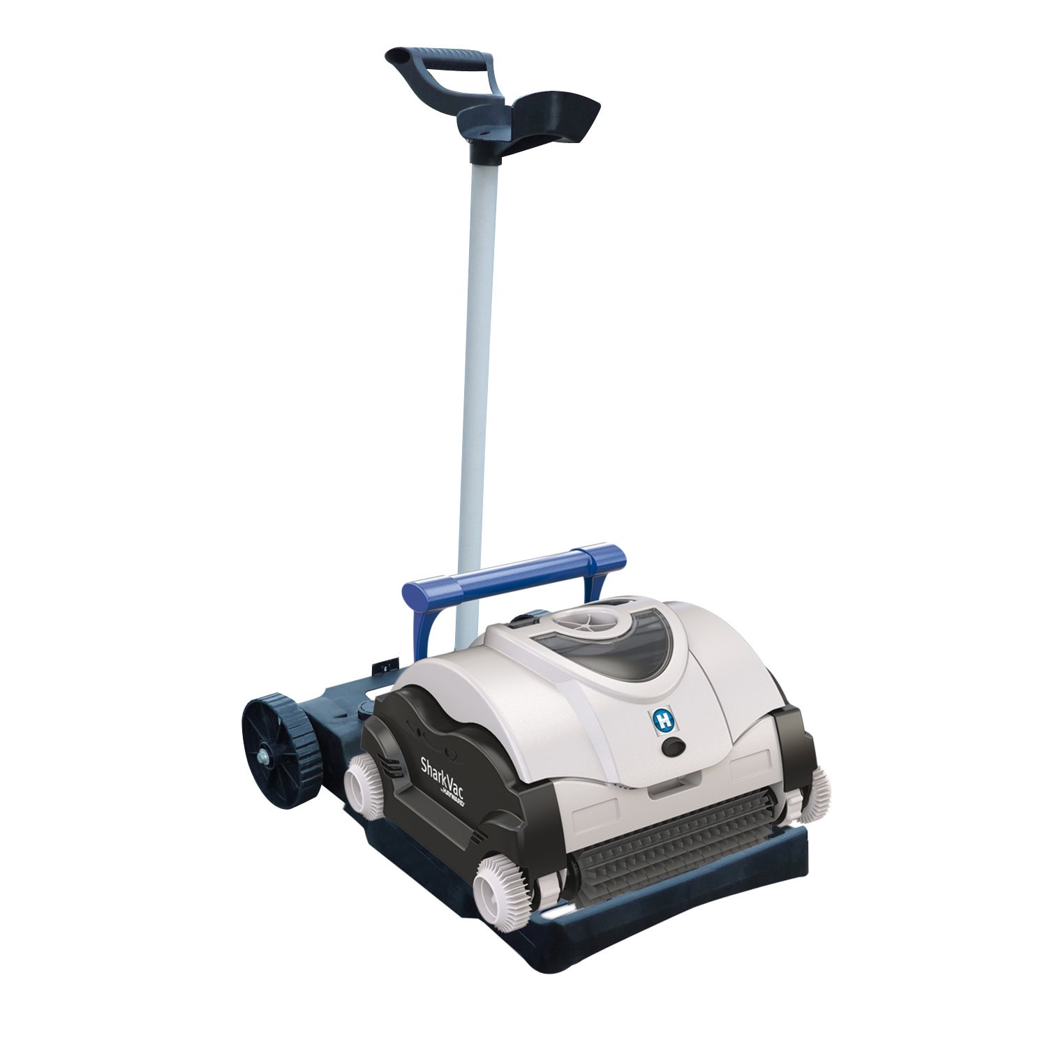 A robotic pool cleaner with wheels, a front handle, and a tall gray stand-up handle at the back.