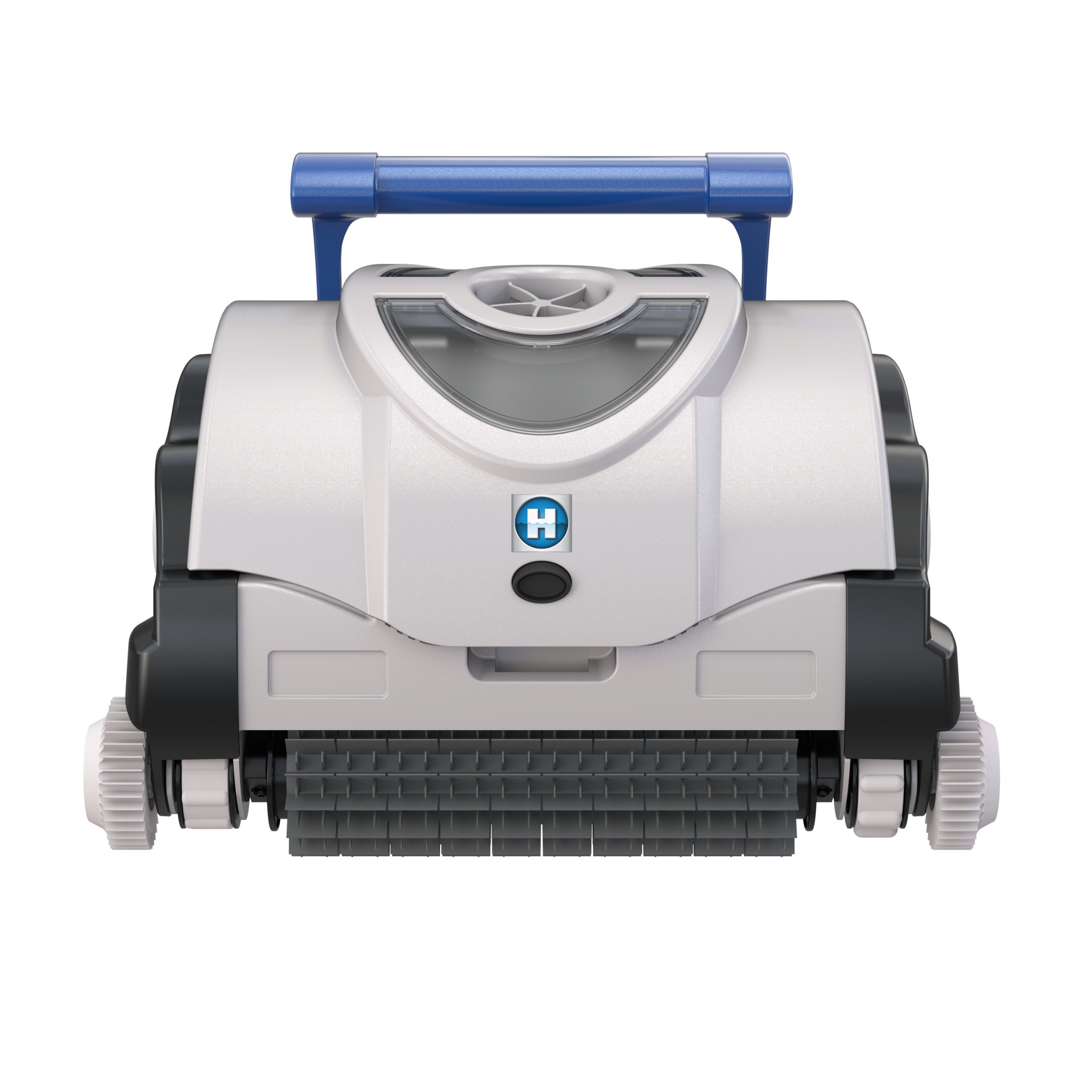 Robotic pool cleaner with blue handle and gray body in front view, showing rotating brushes underneath.