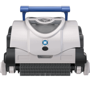 Robotic pool cleaner with a blue handle and gray body shown from the front on a white background.