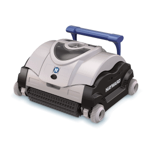 A gray and black Hayward robotic pool cleaner with four wheels and a blue handle sits on a white background.