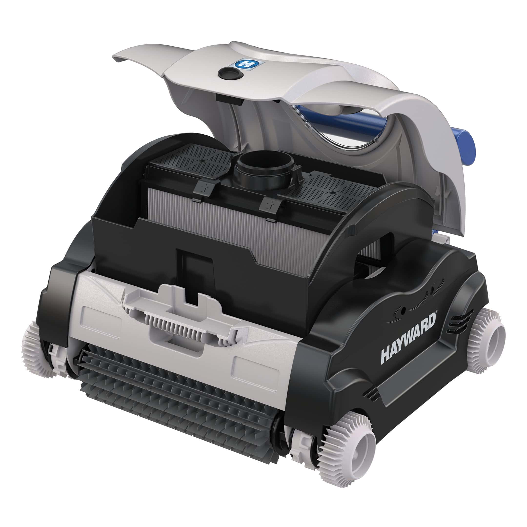 A Hayward robotic pool cleaner with its lid open displays the internal filter and brand name on the side.
