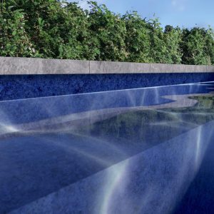 Island Nights All Over Pattern in blue evokes clear water, inspiring pool supplies shopping in Long Island.