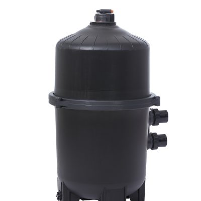 A large black pool filter tank with side valves and a top lid from NY pool supplies is shown outdoors.