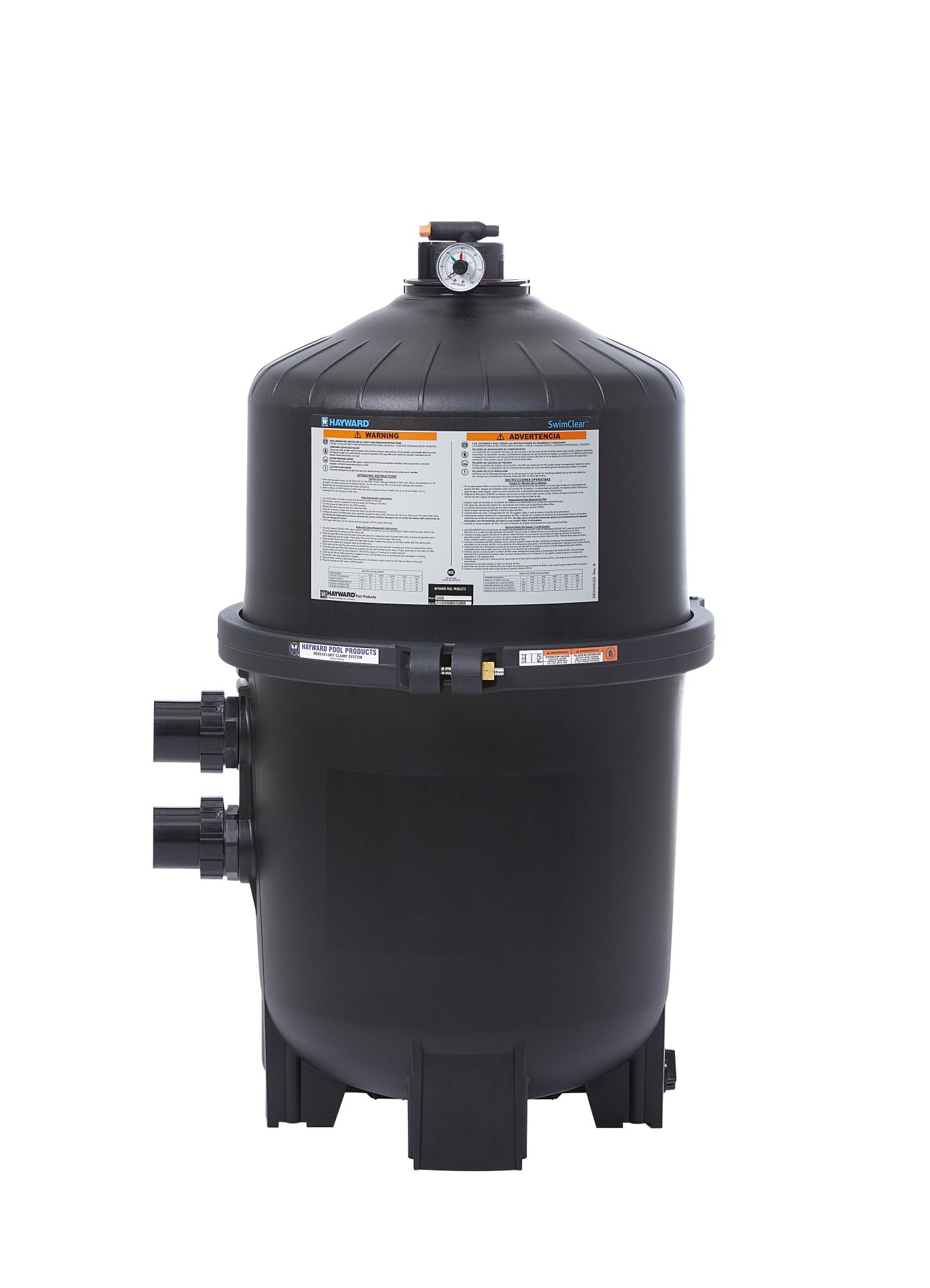 SwimClear™ Cartridge Filter 425 Sq Ft, a large black filter with labels, top gauge, and multi-pipe setup.