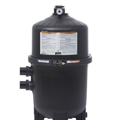 SwimClear™ Cartridge Filter 425 Sq Ft, a large black filter with labels, top gauge, and multi-pipe setup.
