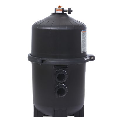 A black pool filter tank with two pipe connections, available from pool supplies Long Island and Queens.