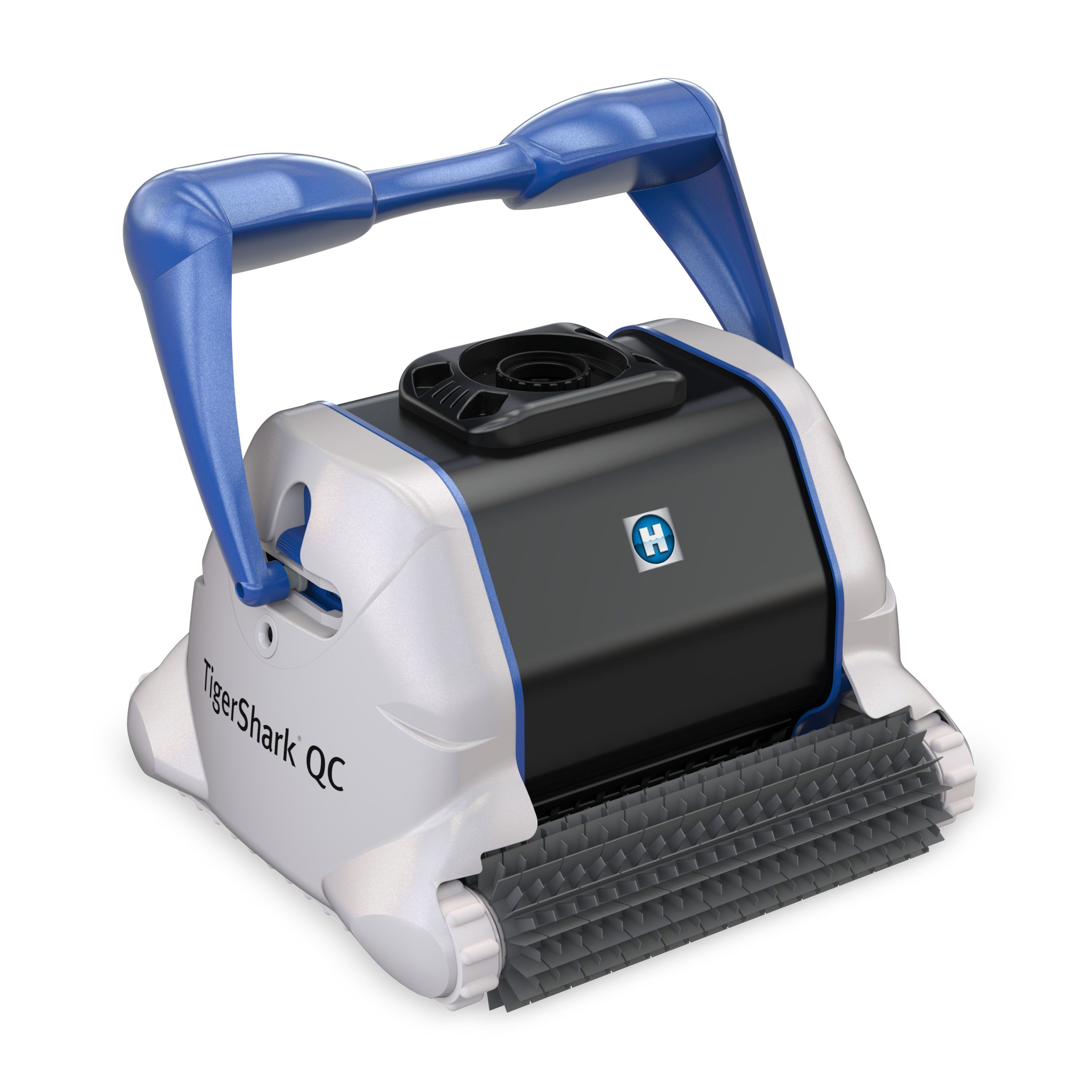 The TigerShark QC robotic pool cleaner features blue handles and black scrubbing rollers for cleaning pools.