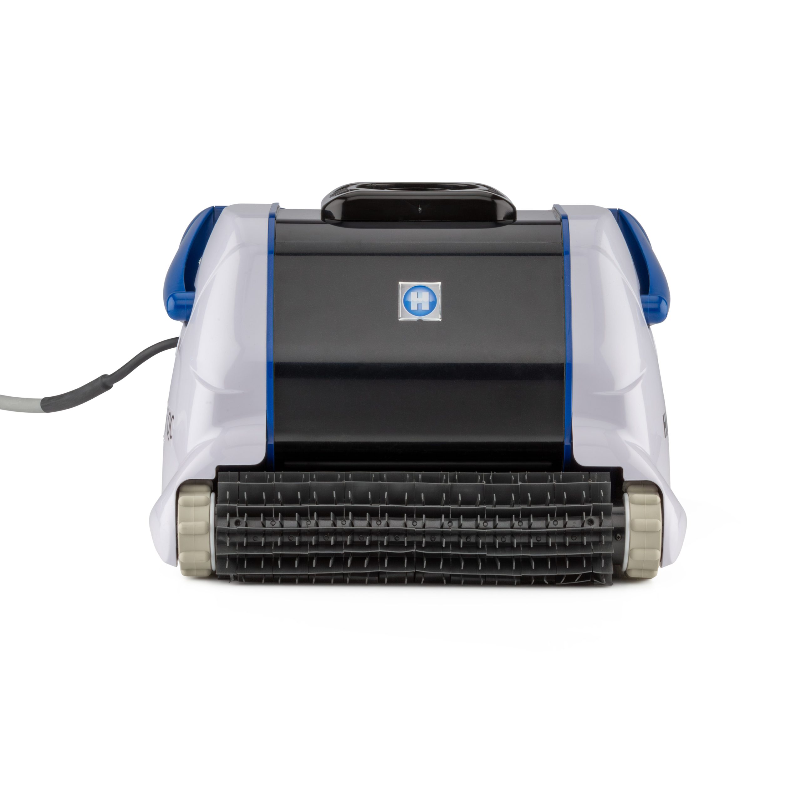 Front view of a robotic pool cleaner with blue accents and its power cord visible on the left side.