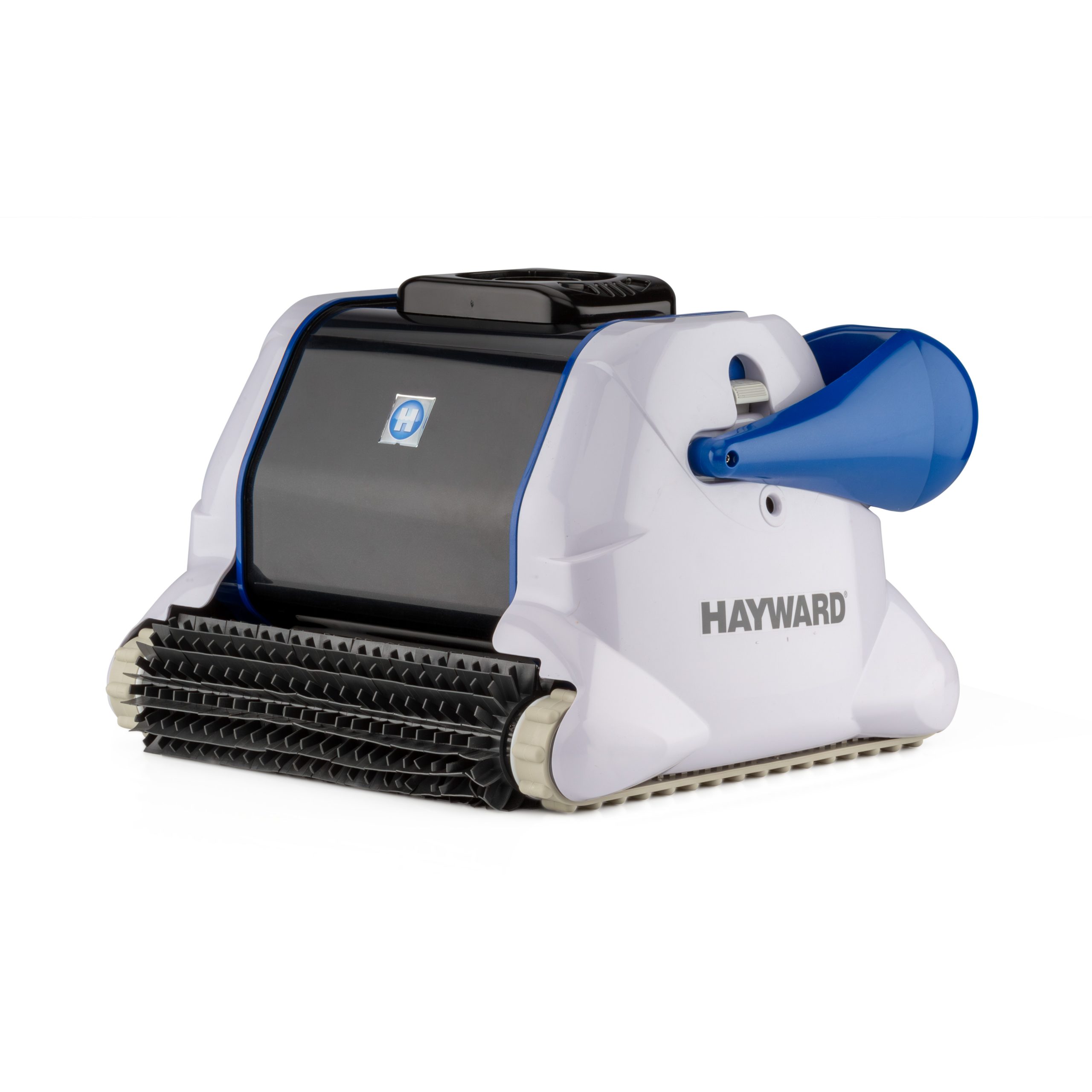 A Hayward pool cleaner robot in white and black with blue accents, treads, and a large side handle.