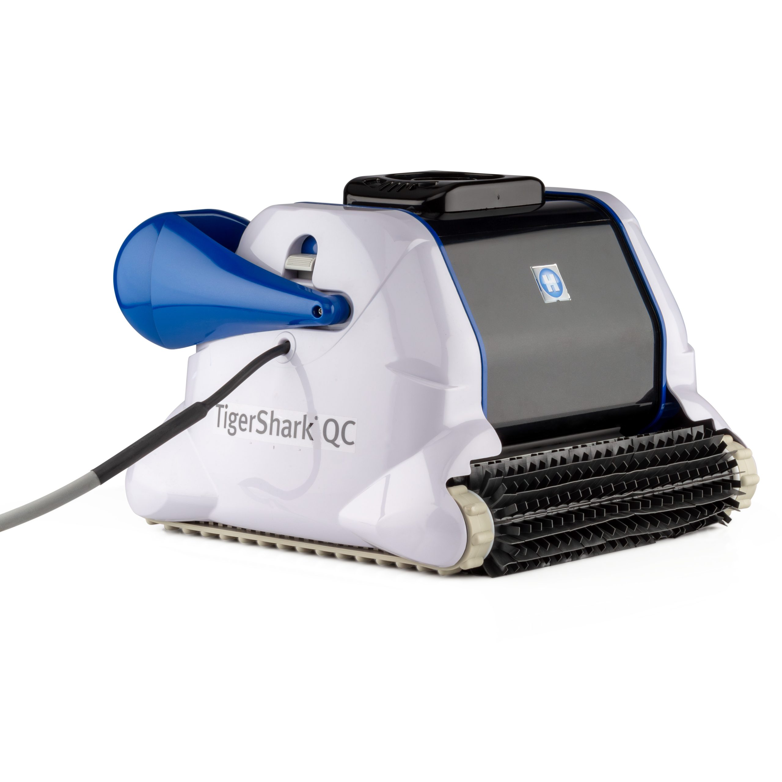 A white and black TigerShark QC robotic pool cleaner features a blue handle and attached power cable.