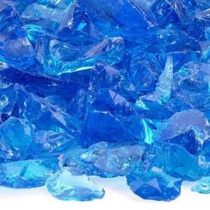 A 25LB bucket filled with jagged, bright blue Turquoise Classic Glass Ice pieces sized 1/2"-3/4".
