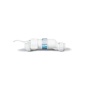 A white pool chlorinator cell with a label and wires is shown on a plain white background.