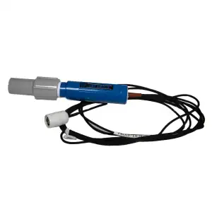 A blue and gray electronic probe with black wires and connectors is displayed on a white background for testing.