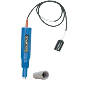 A blue ORP sensor probe with a black cable, connector, and detachable gray cap used for water testing.