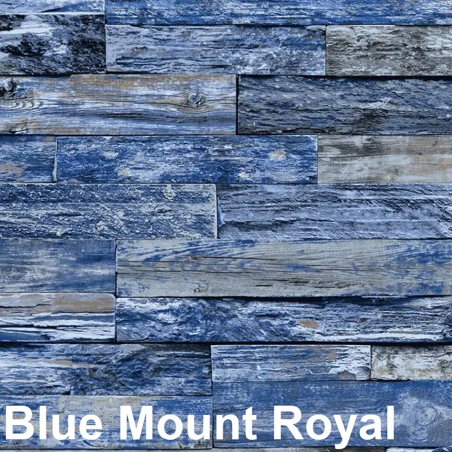 Blue and gray wooden planks in a brick pattern, with "Pool supplies Long Island and Queens, NY" at the bottom.