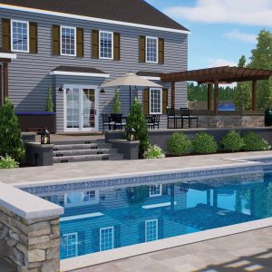 Modern backyard pool featuring a honeycomb mosaic all over pattern, perfect for Long Island homes.