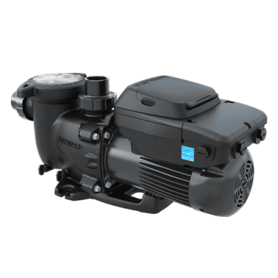 A black electric pool pump displayed on a gray background, part of essential pool supplies in Long Island.