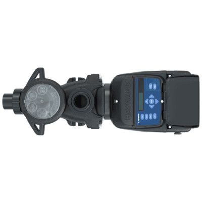 A black Hayward pool valve with digital controls is shown, available from pool supplies Long Island.