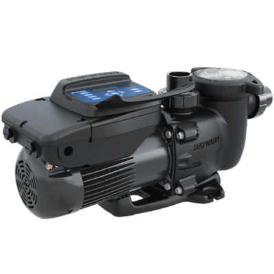 A black Hayward pool pump featuring digital controls, displayed at a pool supplies store in Queens, NY.