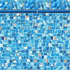 Blue mosaic Aster Tile with a floral border and ocean breeze tones, perfect for Long Island pools.
