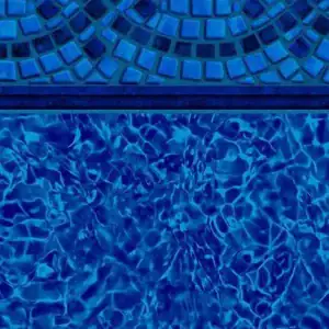 A sparkling blue mosaic tile border from the Diamond Cliff Tile / Blue Pointe Floor collection for pools.