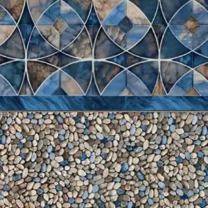 Horizon Tide/Gold Coast Floor features blue and brown tiles over river stones, ideal for Long Island pools.