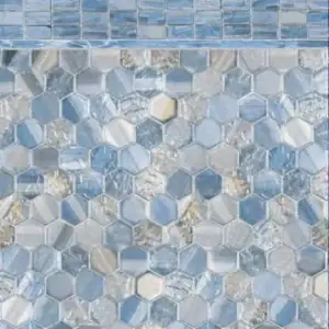 Serene Tile Honey Pearl floor tiles with blue and silver hexagon patterns, ideal for pool supplies.