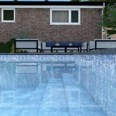 Moonstone Bay backyard in NY featuring a clear blue pool and patio furniture, seen in L.I. & Queens homes.
