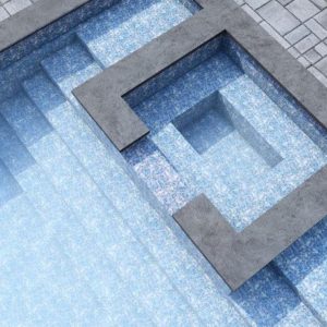 A geometric pool in Moonstone Bay with steps and spa, showcasing modern design in Long Island, NY.