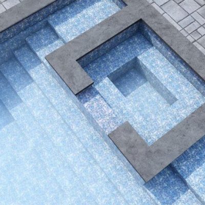 A geometric pool in Moonstone Bay with steps and spa, showcasing modern design in Long Island, NY.
