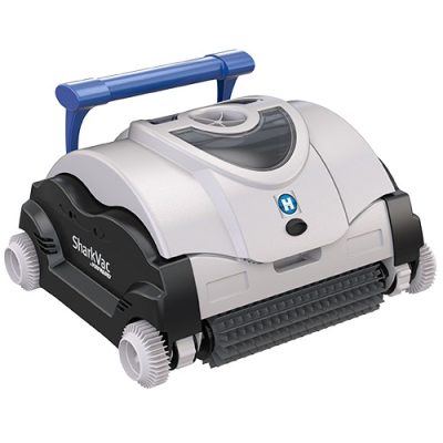 The SharkVac robotic pool cleaner features a blue handle, black wheels, and its brand name on the side.