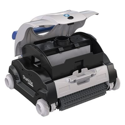Robotic pool cleaner with black and gray body, open top revealing internal filter and four sturdy wheels.