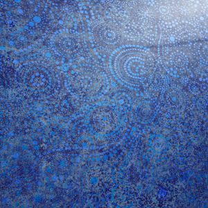 Starlight Swirl: blue abstract pattern featuring swirling dots and circles, creating a cosmic vibe.