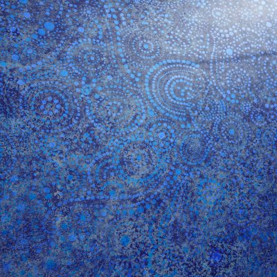 Starlight Swirl: blue abstract pattern featuring swirling dots and circles, creating a cosmic vibe.