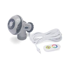 Carvin StarBright Color LED Pool Light in gray with remote and long white cord on a white background.