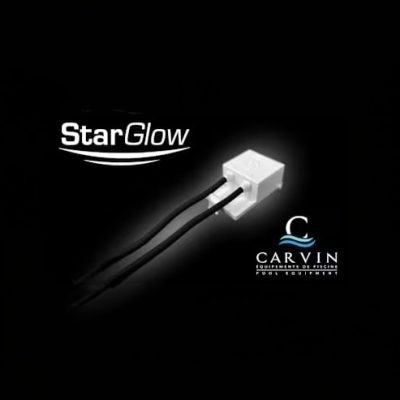 Small white Carvin StarGlow LED Pool Light (9413612001) with two black wires on a solid black background.