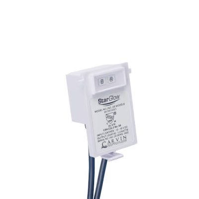 A Carvin StarGlow LED Pool Light 9413612001 module with wiring and specs is shown on a white background.