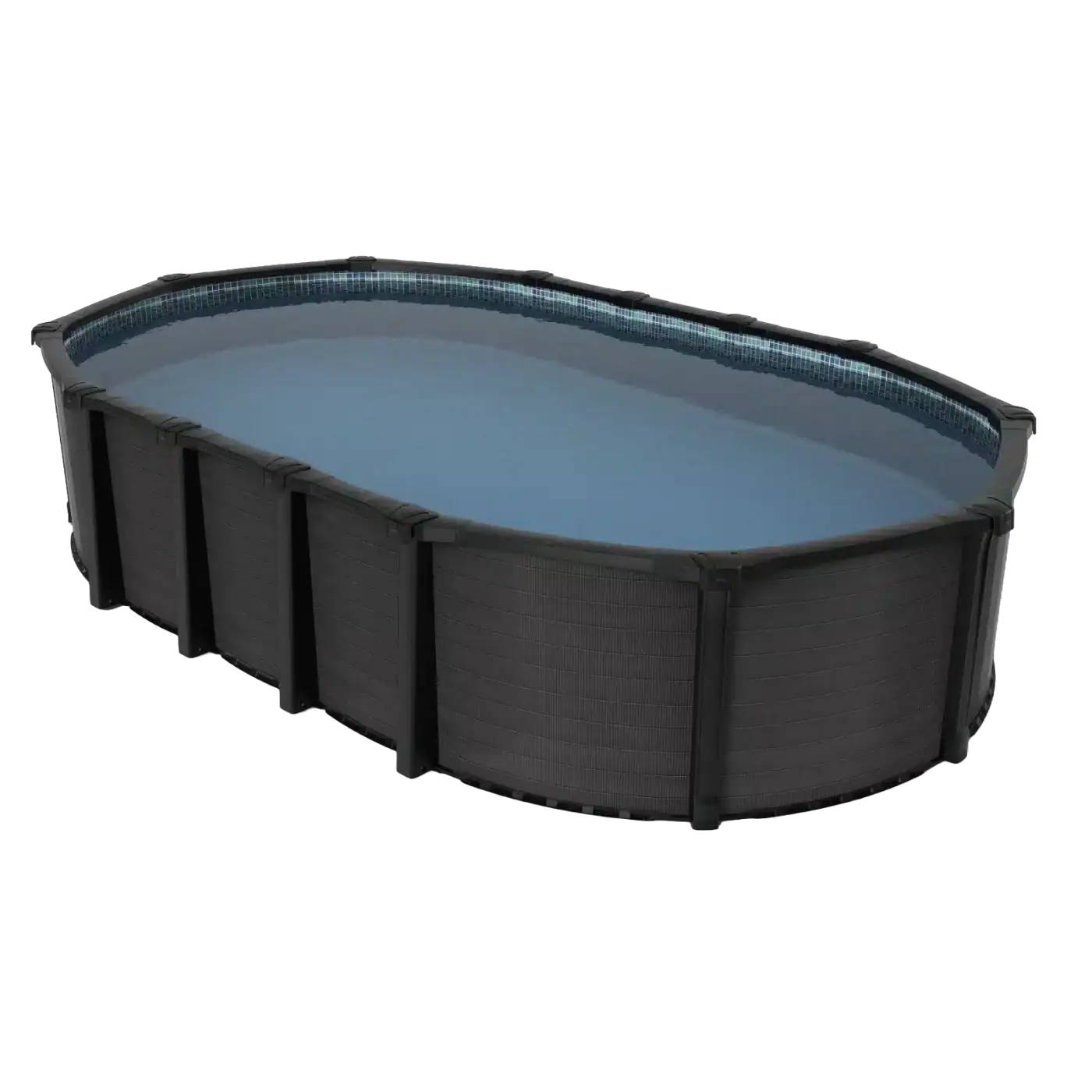 A large black oval above-ground pool filled with water is shown from a slight angle on a white background.