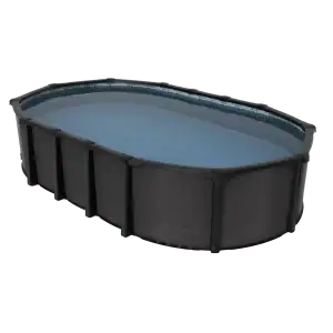 A large black oval above-ground pool filled with water is shown from a slight angle on a white background.