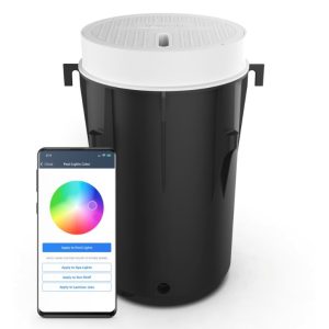 A pool features the Infinite WaterColors Laminar Jet 100' RGBW LED with phone app color wheel control.