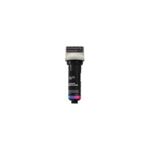 Black printer ink cartridge with a white cap, colored bands, and text on the front shown on white background.