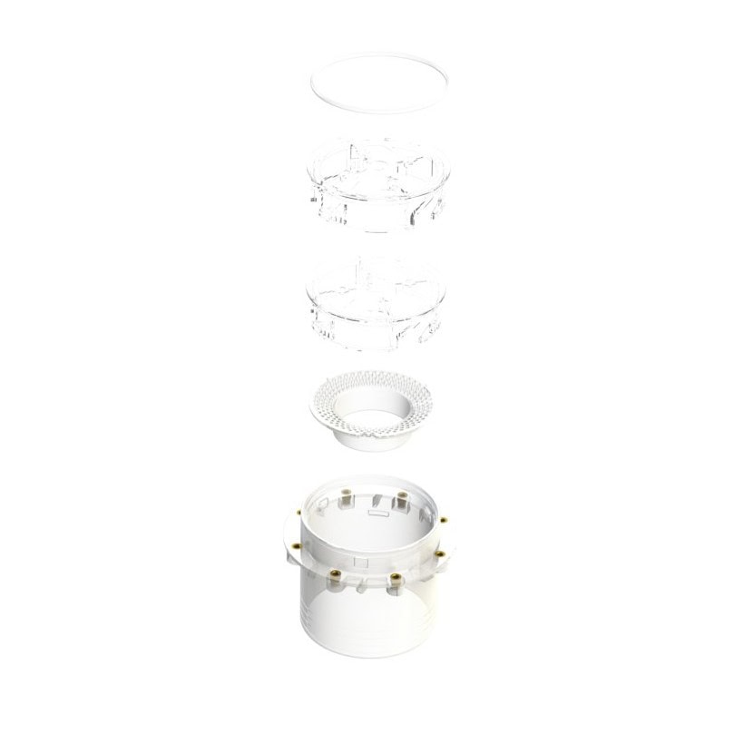 Exploded view of the TruFit Bubbler Plastic Parts Kit shows its circular, transparent components above.