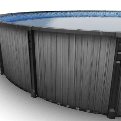 Ember Drift 27' round resin above ground pool with gray panels and blue water, seen from underneath.