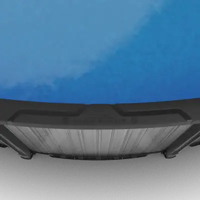 Top view of Ember Drift 27' round blue resin above-ground pool with black edging and ribbed gray panels.