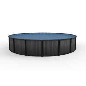 Ember Drift 18' round resin above ground pool, 52" tall, with black panels and blue water on white background.