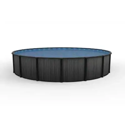 Ember Drift 18' round resin above ground pool, 52" tall, with black panels and blue water on white background.