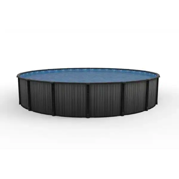 Ember Drift 18' round resin above ground pool, 52" tall, with black panels and blue water on white background.