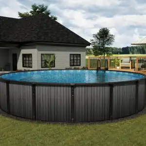 Ember Drift 21' Round Resin Above Ground Pool 52" set up in a backyard with deck and umbrella nearby.